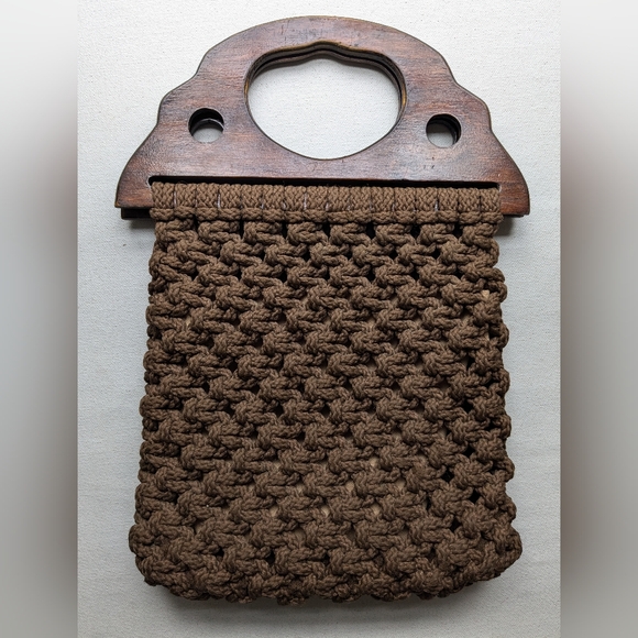 Vintage Clutch Wooden Handles Macrame Handheld Handbag Purse  Brown I-2 - Picture 2 of 11